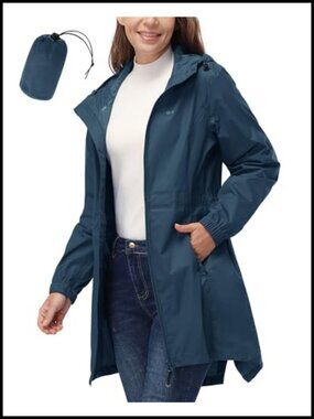 Women's Waterproof Long Rain Coat Packable Hooded Rain Jacket Lightweight